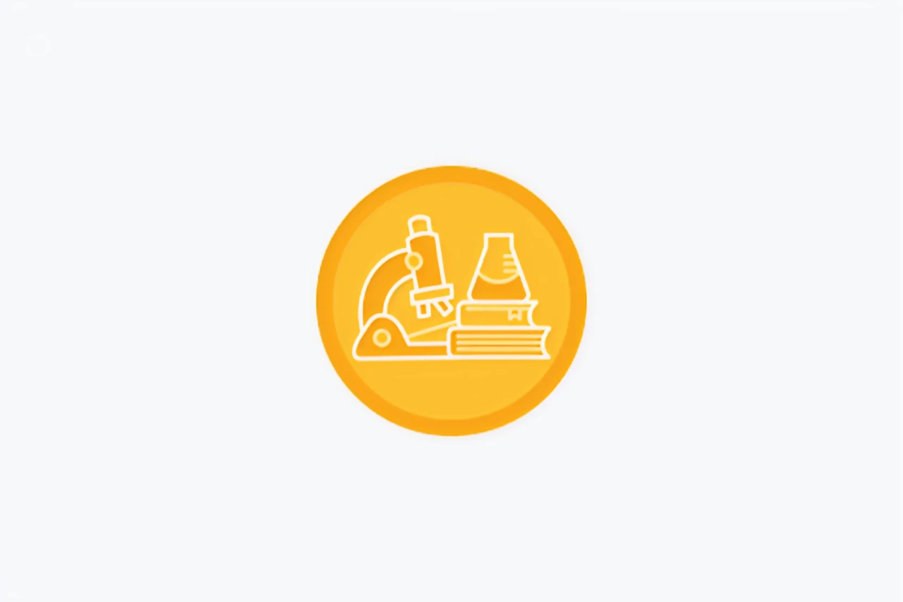 An icon with a yellow circle contains white outlines of scientific equipment: a microscope, two beakers on top of a book, symbolizing science and learning.